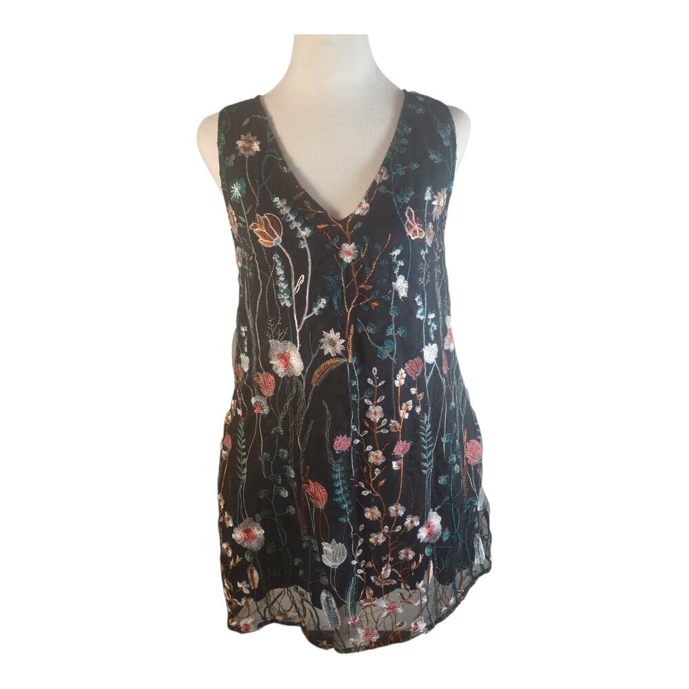 Umgee Black Floral Embroidered Sleeveless Shift Dress Women's Small